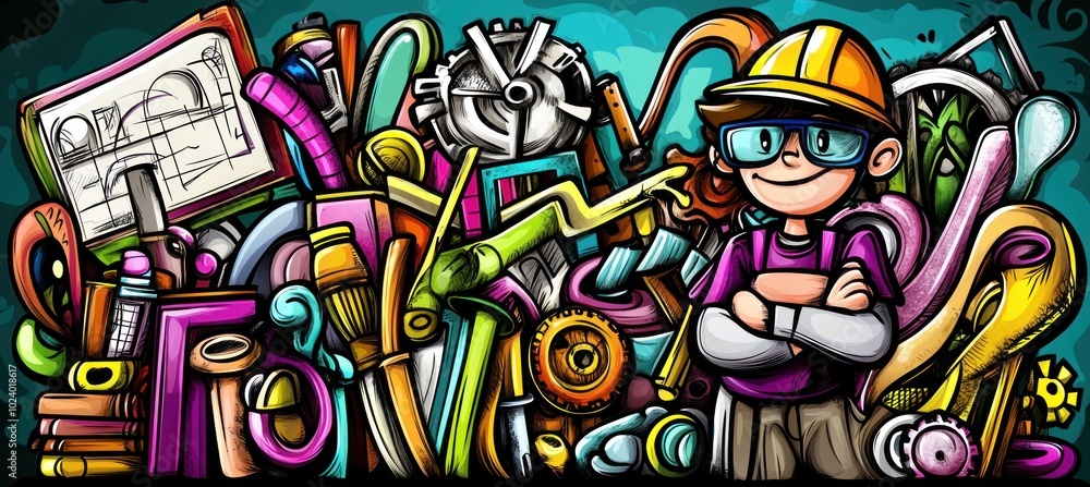 A colorful illustration featuring a smiling child in a hard hat surrounded by various tools and gears. A colorful illustration featuring a smiling child in a hard hat surrounded by various tools and gears.
