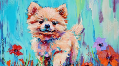 A colorful painting of a cheerful puppy surrounded by vibrant flowers.