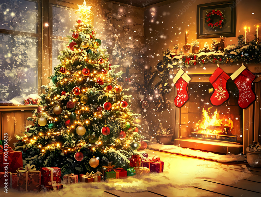A cozy Christmas scene with a decorated tree, fireplace, and gifts. A cozy Christmas scene with a decorated tree, fireplace, and gifts.