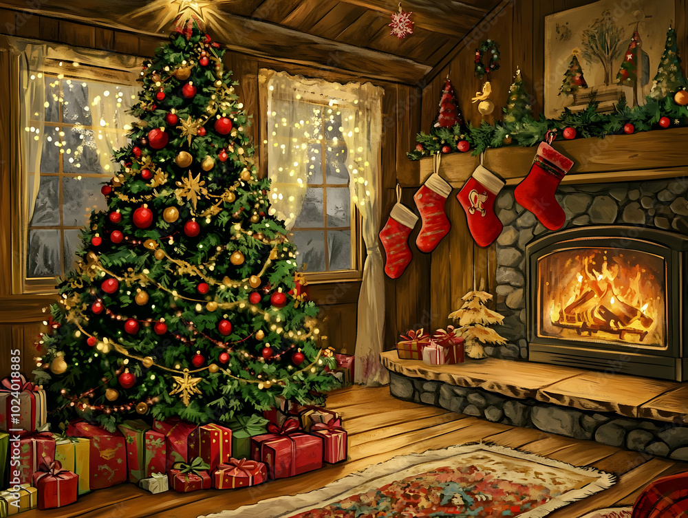 Fototapeta premium A cozy Christmas scene with a decorated tree, gifts, stockings, and a warm fireplace.