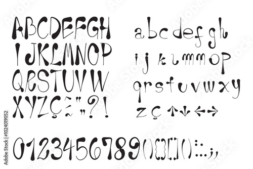 Upper and lower case letters, numbers and symbols in a single font. Isolated on transparent background.
