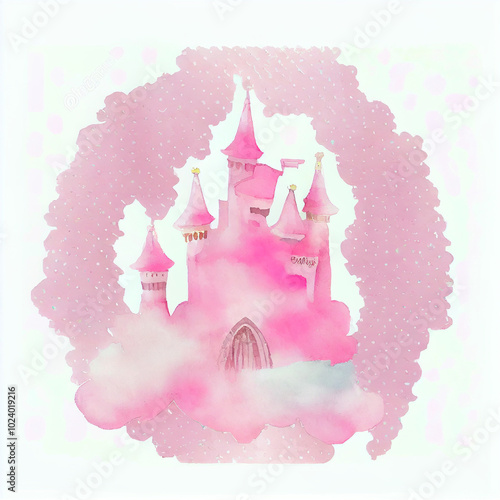 Enchanting pink princess castle floating in the sky surrounded by clouds and magic. watercolor illustration evokes fantasy, imagination, and charm in a fairytale setting