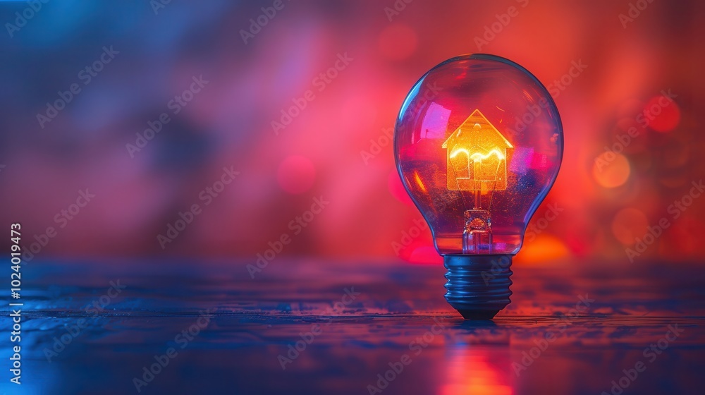 Glowing Light Bulb with House Design in Colorful Background Glowing Light Bulb with House Design in Colorful Background