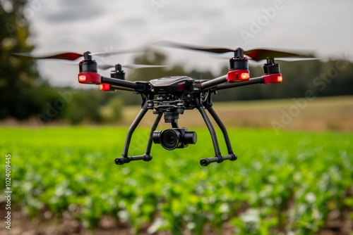 Hyper-realistic close-up of a drone flying over a rural field, showing every detail of the droneâ€™s propellers, camera, and the vibrant green crops below