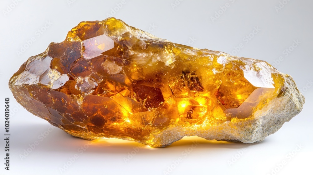 A large amber crystal showcasing its translucent, golden hues and natural beauty. A large amber crystal showcasing its translucent, golden hues and natural beauty.
