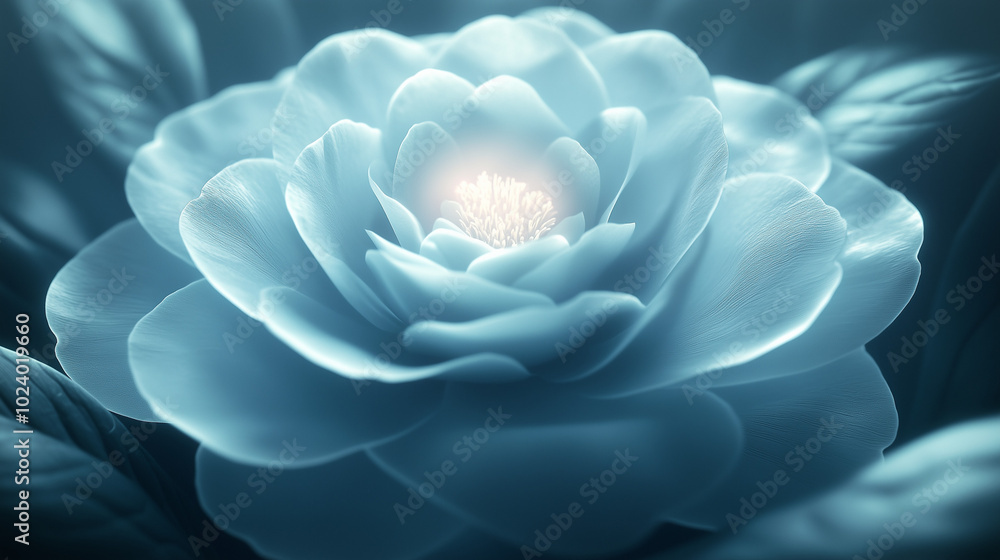 Close-up of a glowing, blue-hued flower with soft, delicate petals, illuminated from the center, surrounded by blurred leaves Close-up of a glowing, blue-hued flower with soft, delicate petals, illuminated from the center, surrounded by blurred leaves