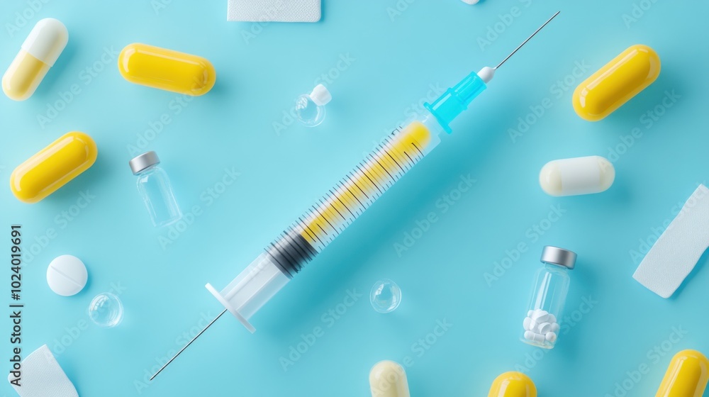 A syringe surrounded by capsules and vials, symbolizing medical treatment and pharmaceuticals. A syringe surrounded by capsules and vials, symbolizing medical treatment and pharmaceuticals.