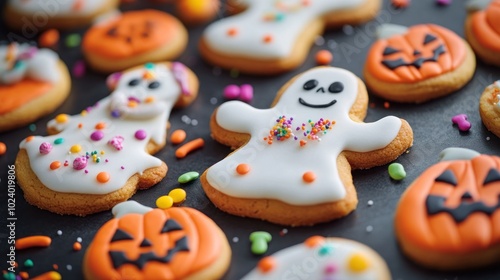 Colorful Halloween cookies shaped like ghosts and pumpkins, decorated with icing and sprinkles.