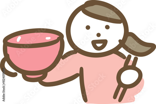 ご飯粒のついた茶碗と箸を持つ私服の若い女性(上半身)