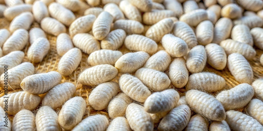 High angle view of natural silkworm cocoons shells, silk thread source High angle view of natural silkworm cocoons shells, silk thread source
