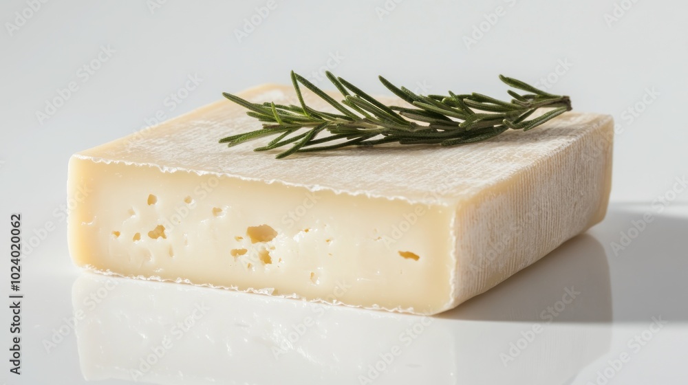 A piece of cheese garnished with a sprig of rosemary, showcasing its texture and freshness. A piece of cheese garnished with a sprig of rosemary, showcasing its texture and freshness.