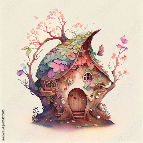 Whimsical watercolor fairy house in fantasy world painted with vibrant colors between nature and fantasy blending enchanting beauty and creativity capture the imagination. Cute dwelling in forest