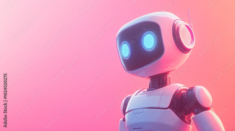 White robot with blue eyes against a pink background. White robot with blue eyes against a pink background.
