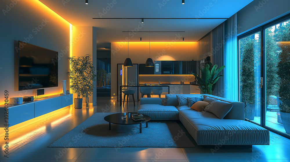 A functional smart living space with advanced AI-driven devices for daily convenience A functional smart living space with advanced AI-driven devices for daily convenience