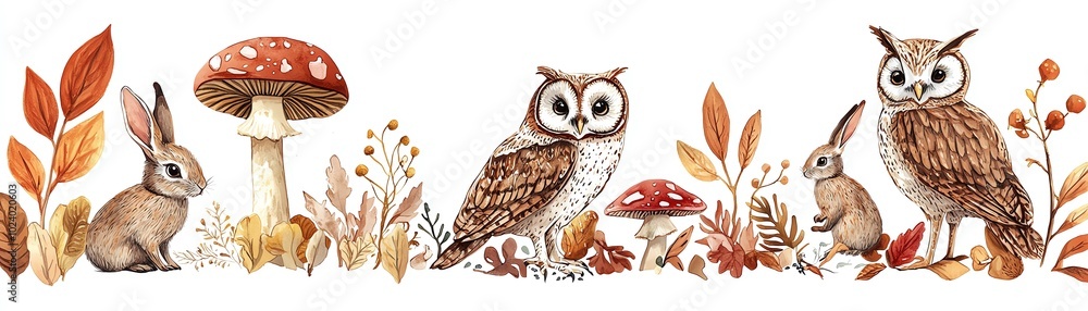 Obraz premium Whimsical illustration of owls, rabbits, and mushrooms with autumn foliage on a white background.
