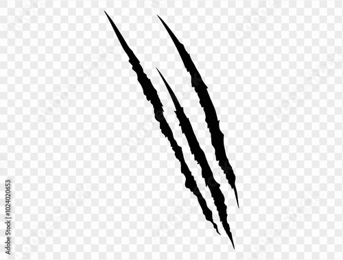 Three black claw scratches isolated on a transparent background. Perfect for Halloween designs, horror themes, and animalistic effects.