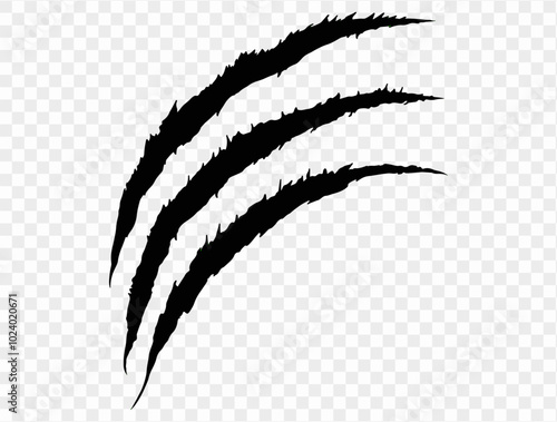 Three black claw scratches isolated on a transparent background. Perfect for Halloween designs, horror themes, and animalistic effects.