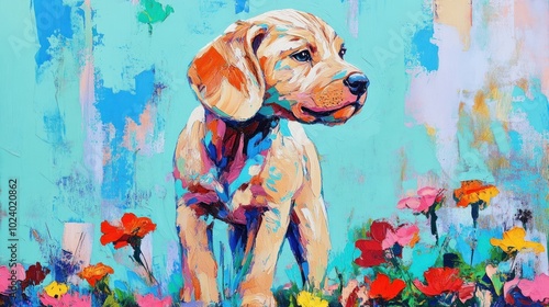 A vibrant painting of a puppy amidst colorful flowers, conveying joy and innocence.