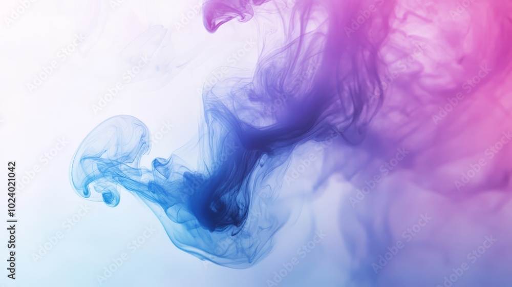 Acrylic color pigment and ink cloud in water. Abstract smoke on white background with copy space. Fancy dream cloud of ink underwater. Purple, blue and pink colors Acrylic color pigment and ink cloud in water. Abstract smoke on white background with copy space. Fancy dream cloud of ink underwater. Purple, blue and pink colors