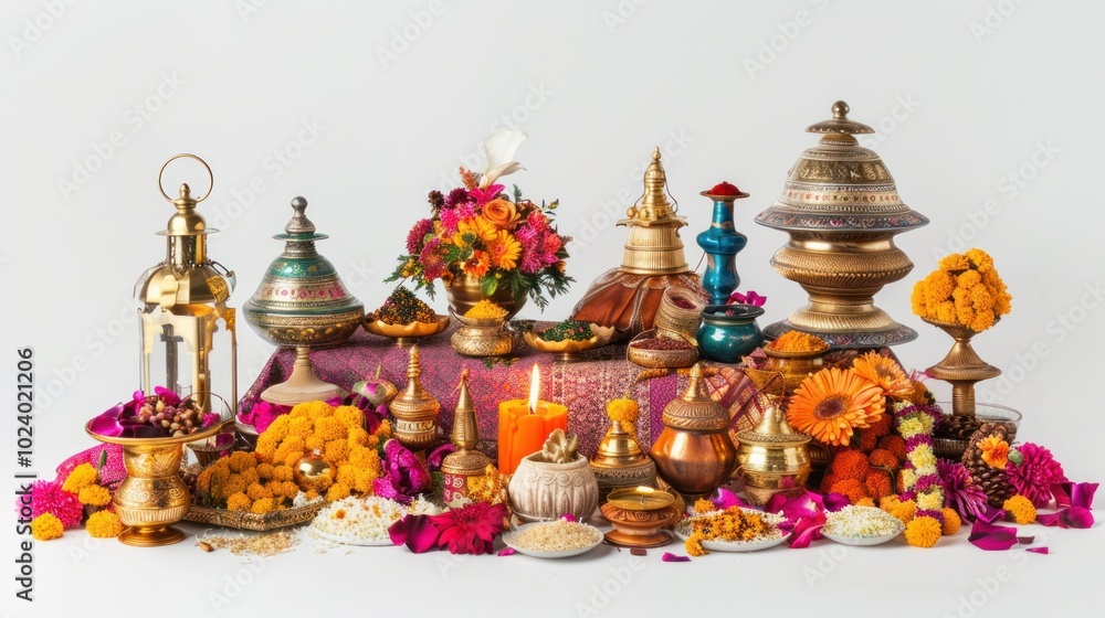 A group of traditional decorative items like lanterns, flowers, and textiles arranged artistically against a white backdrop, capturing the essence of Diwali A group of traditional decorative items like lanterns, flowers, and textiles arranged artistically against a white backdrop, capturing the essence of Diwali