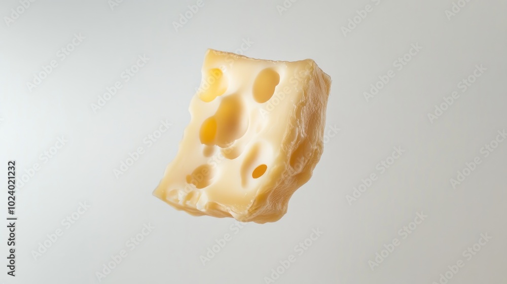 A floating piece of cheese showcasing its texture and holes against a neutral background. A floating piece of cheese showcasing its texture and holes against a neutral background.