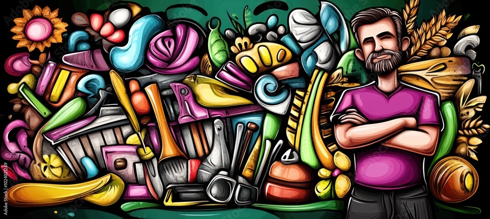 Obraz premium A colorful collage of tools and plants with a smiling man, symbolizing creativity and gardening.