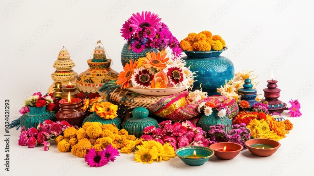 A group of traditional decorative items like lanterns, flowers, and textiles arranged artistically against a white backdrop, capturing the essence of Diwali full body on white background A group of traditional decorative items like lanterns, flowers, and textiles arranged artistically against a white backdrop, capturing the essence of Diwali full body on white background