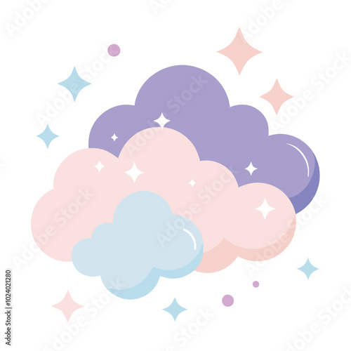 Pastel Clouds and Sparkling Stars in a Dreamy Night Sky, vector illustration white background.