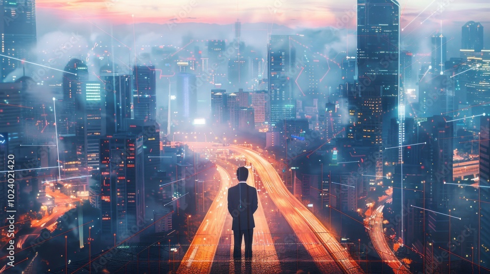 Obraz premium Man in Suit Standing Above a Cityscape with Network Lines
