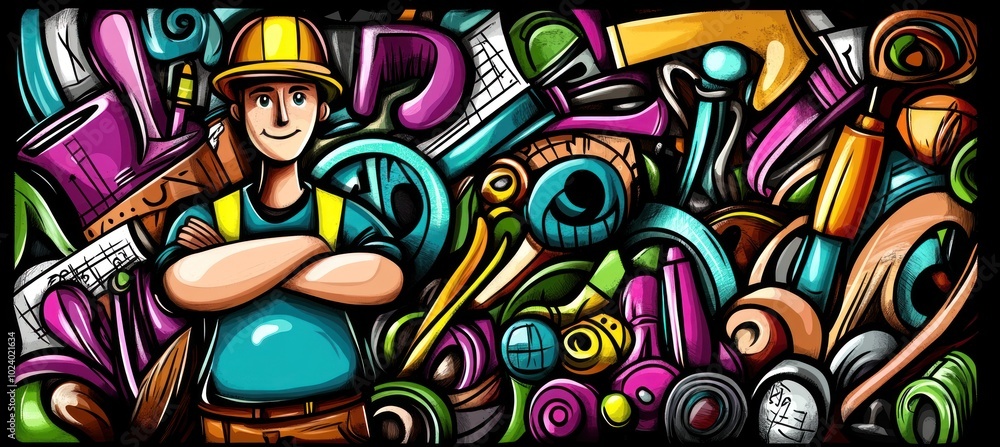 Fototapeta premium A colorful illustration of a construction worker surrounded by various tools and materials.