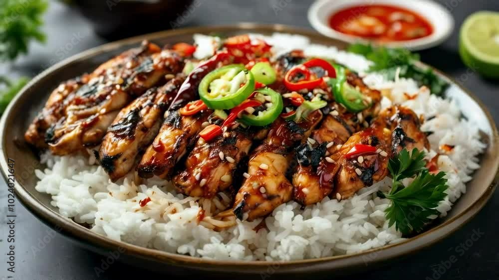 Grilled Chicken with Chili Sauce on Rice Grilled Chicken with Chili Sauce on Rice