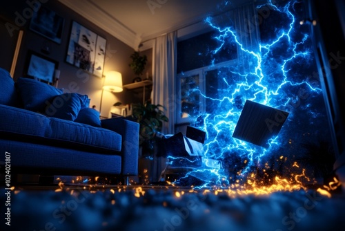 Poltergeist activity in a modern apartment, with furniture levitating and lights flickering on and off, creating chaos photo