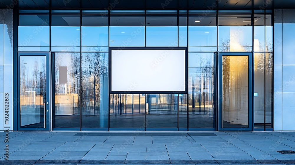 Digital Signage at a Modern Office Building Entrance: A sleek digital sign with a blank screen, standing tall near the glass doors of a minimalist office building. Digital Signage at a Modern Office Building Entrance: A sleek digital sign with a blank screen, standing tall near the glass doors of a minimalist office building.