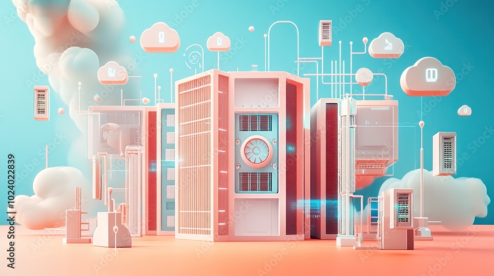 A stylized digital landscape featuring servers and cloud icons, symbolizing technology and data. A stylized digital landscape featuring servers and cloud icons, symbolizing technology and data.