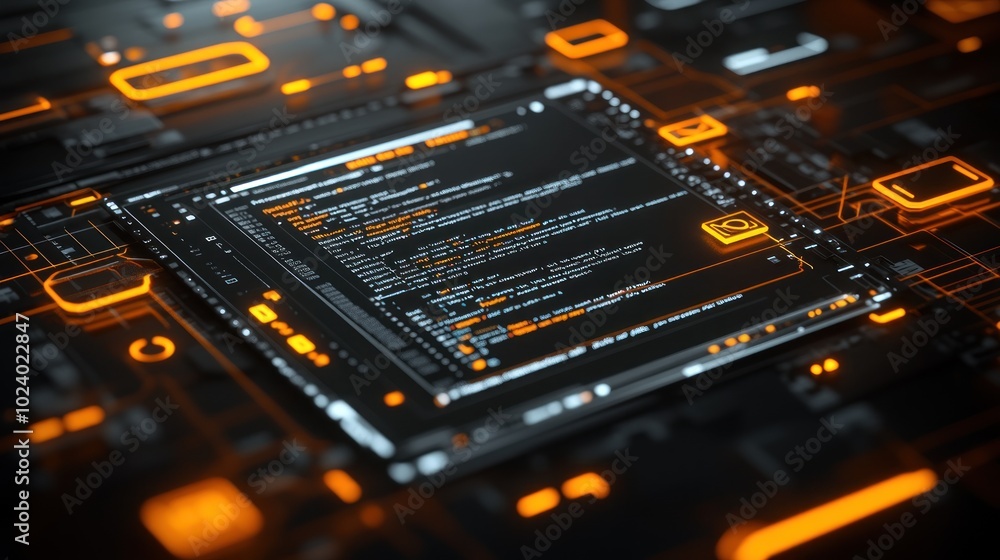 A digital interface showcasing code and circuit-like patterns in a tech-themed environment. A digital interface showcasing code and circuit-like patterns in a tech-themed environment.
