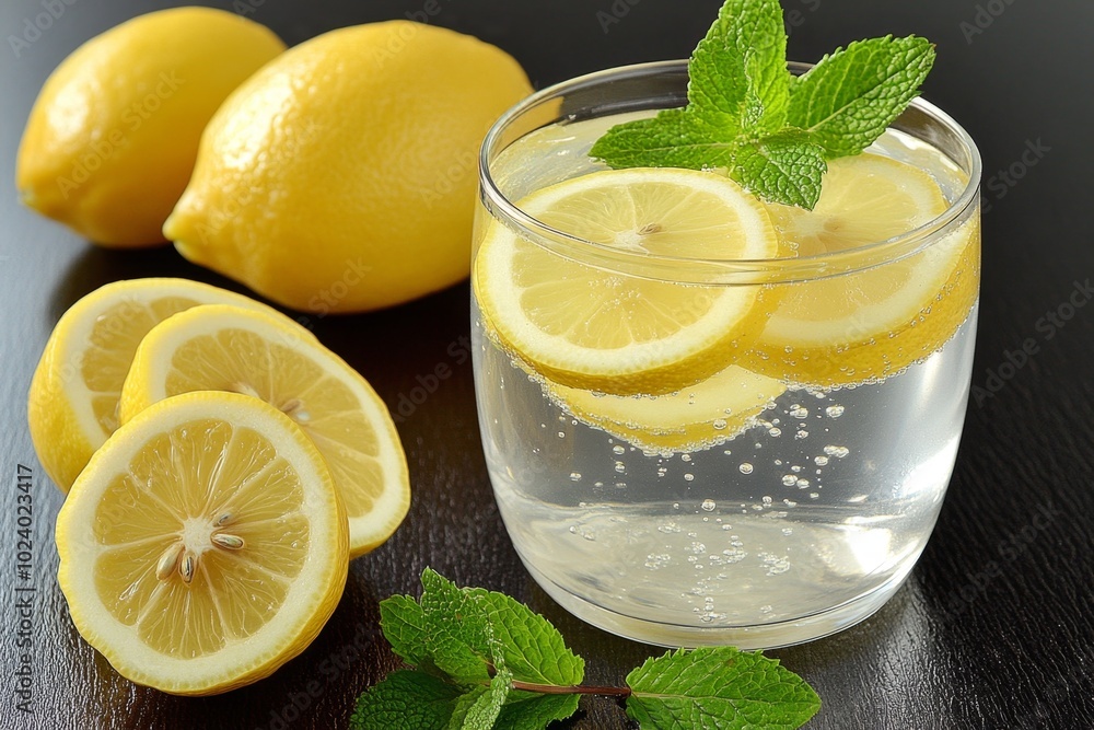 Sipping lemon water in the kitchen, with a glass filled with slices of lemon and mint, promoting a fresh and detoxifying start to the day Sipping lemon water in the kitchen, with a glass filled with slices of lemon and mint, promoting a fresh and detoxifying start to the day