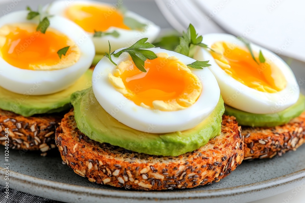 Sliced avocado and soft-boiled eggs on a toasted whole-grain English muffin, served with a handful of fresh herbs and a squeeze of lemon juice Sliced avocado and soft-boiled eggs on a toasted whole-grain English muffin, served with a handful of fresh herbs and a squeeze of lemon juice