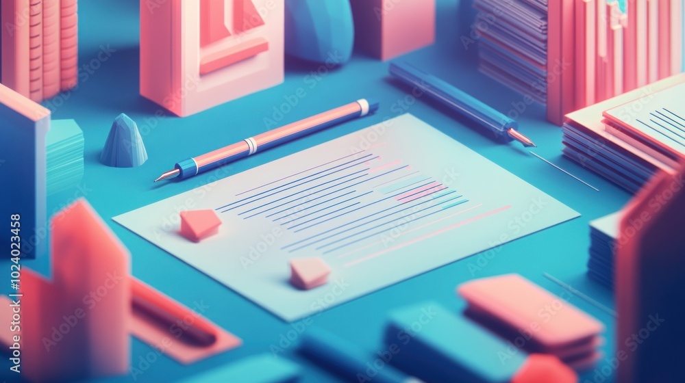 A stylized workspace featuring a document, writing tools, and geometric shapes. A stylized workspace featuring a document, writing tools, and geometric shapes.