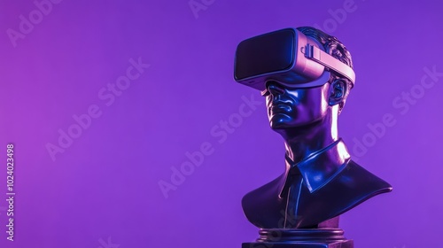 The geek statue wearing virtual reality glasses on a purple background, copy space