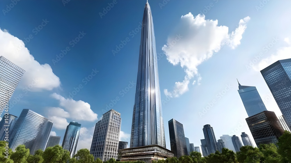 Fototapeta premium A towering futuristic glass and steel skyscraper dominates the cityscape showcasing the innovative architecture and technological advancements of the modern urban landscape