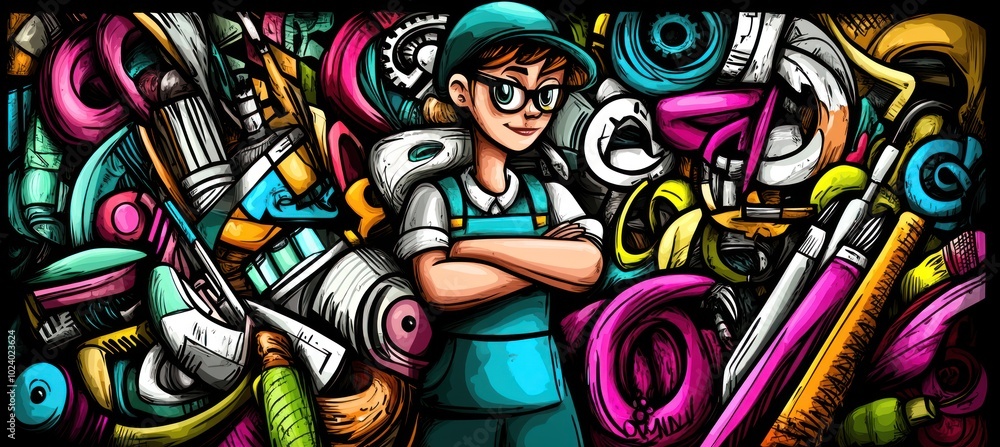 Obraz premium A creative individual stands confidently among various art supplies and materials.