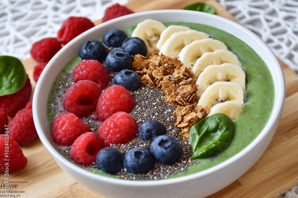 Smoothie bowl filled with blended spinach, banana, and almond milk, topped with granola, chia seeds, and fresh berries Smoothie bowl filled with blended spinach, banana, and almond milk, topped with granola, chia seeds, and fresh berries