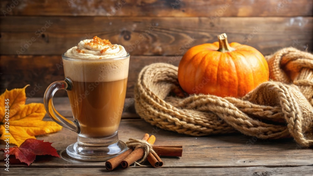 Pumpkin spiced latte in glass with knitted scarf on vintage background, autumn, coffee, cozy, fall, seasonal Pumpkin spiced latte in glass with knitted scarf on vintage background, autumn, coffee, cozy, fall, seasonal