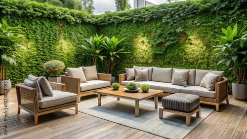 Outdoor patio with comfortable furniture and surrounded by green plants, patio, outdoor, furniture, cozy, relaxation, plants