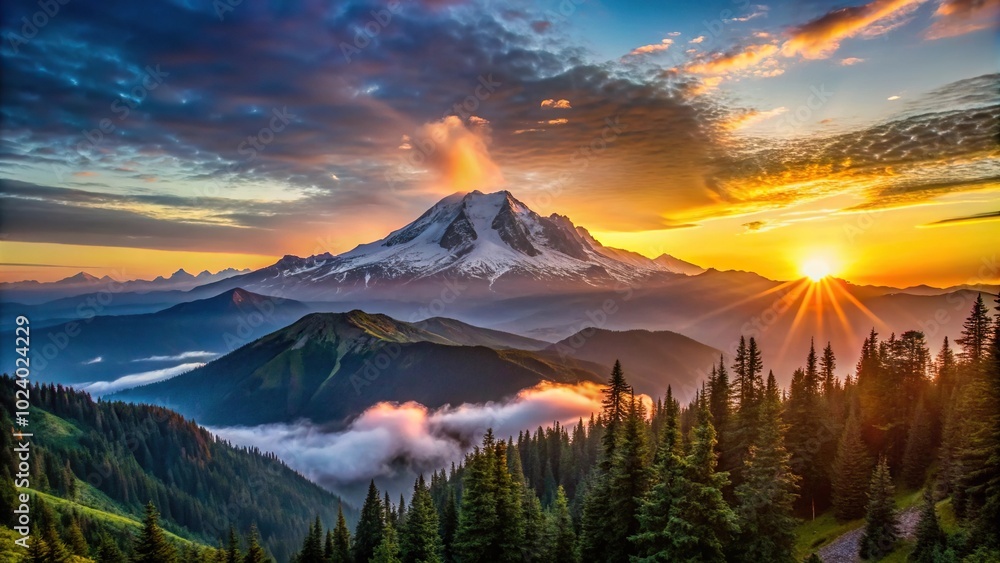 High angle view of sunrise at Mount Rainier in Seattle, Washington High angle view of sunrise at Mount Rainier in Seattle, Washington