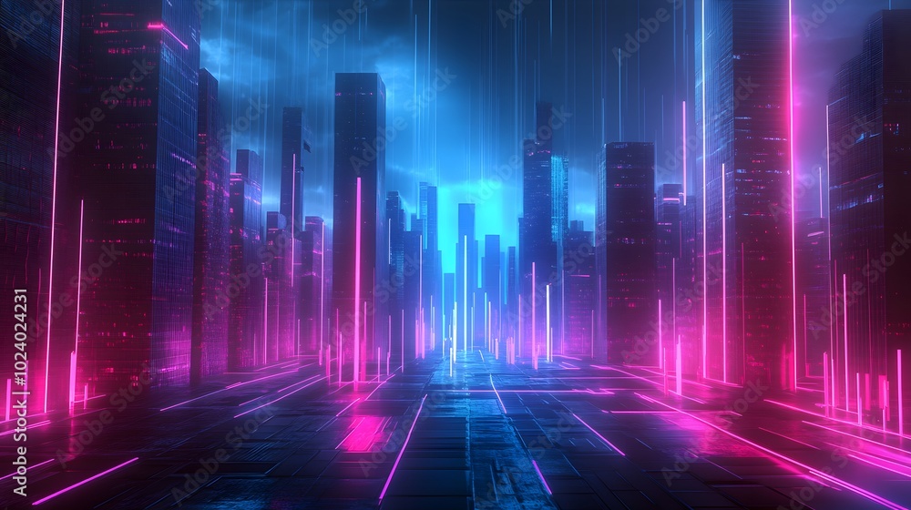Abstract, futuristic city of concrete and neon. Night city view, illumination. Dark street, abstract scene, neon rays. 3D illustration. Abstract, futuristic city of concrete and neon. Night city view, illumination. Dark street, abstract scene, neon rays. 3D illustration.