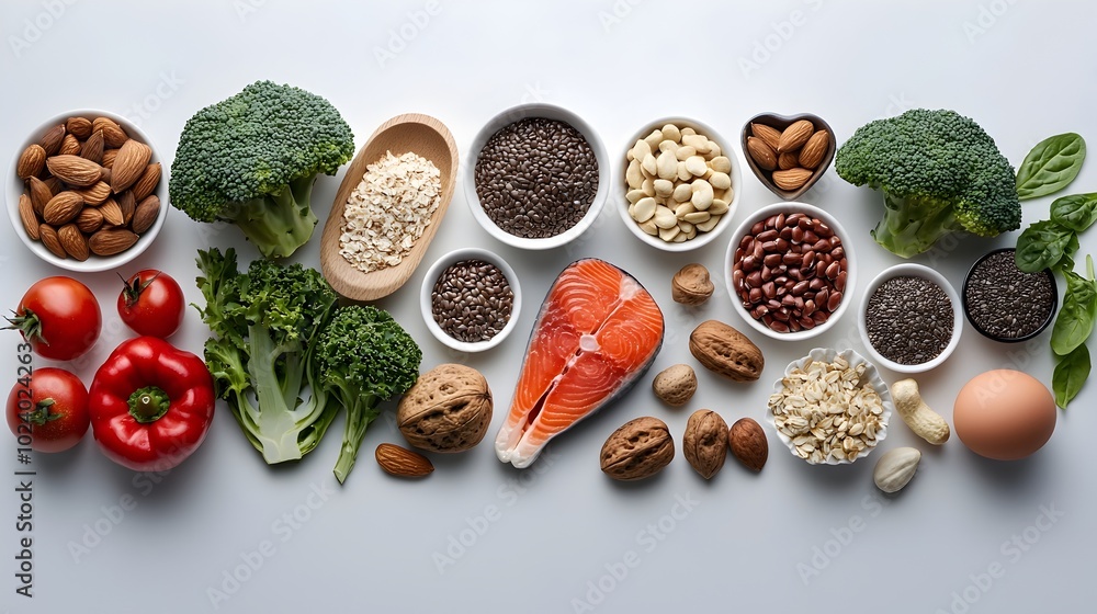 Assortment of nutrient dense foods including fresh produce seeds and nuts laid out on a clean white background ideal for imagery in nutrition and thyroid health Top view with a minimal Assortment of nutrient dense foods including fresh produce seeds and nuts laid out on a clean white background ideal for imagery in nutrition and thyroid health Top view with a minimal