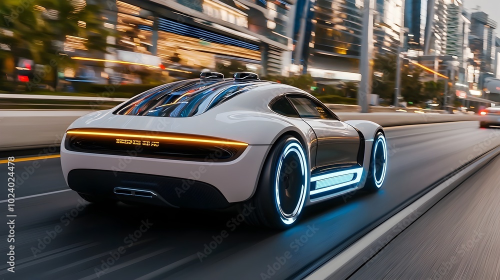 Fototapeta premium Futuristic autonomous vehicle traveling through a technologically advanced smart city landscape with modern architectural structures efficient transportation infrastructure