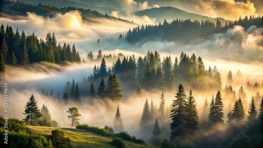 Foggy forest in the Carpathian Mountains on a summer day Foggy forest in the Carpathian Mountains on a summer day