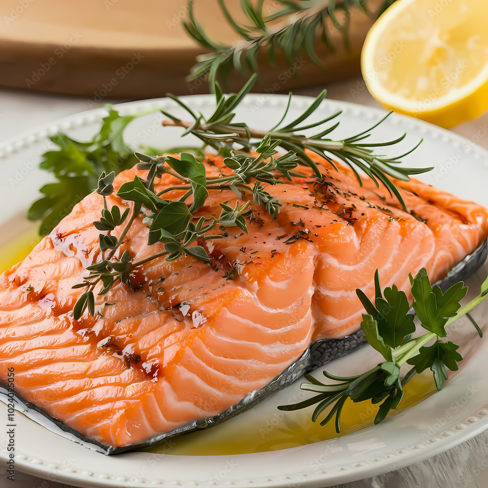 Freshly cooked salmon fillet garnished with herbs and lemon on a white plate, perfect for a healthy meal option. Freshly cooked salmon fillet garnished with herbs and lemon on a white plate, perfect for a healthy meal option.